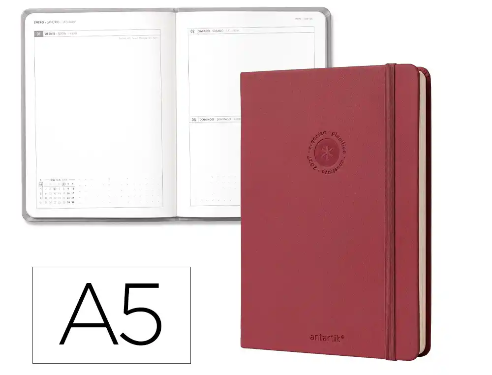 Agenda oficina antartik 2027 encuadernada dia pagina a5 bilingue 70g papel fsc burdeos