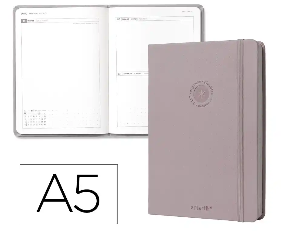 Agenda oficina antartik 2027 encuadernada dia pagina a5 bilingue 70g papel fsc gris
