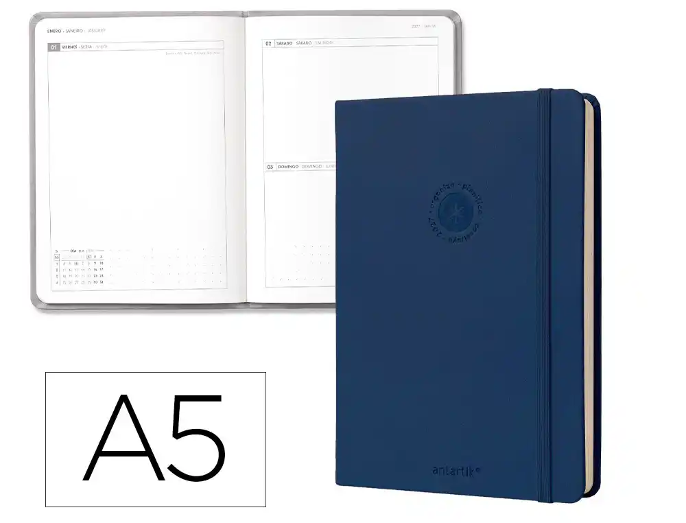Agenda oficina antartik 2027 encuadernada dia pagina a5 bilingue 70g papel fsc azul marino
