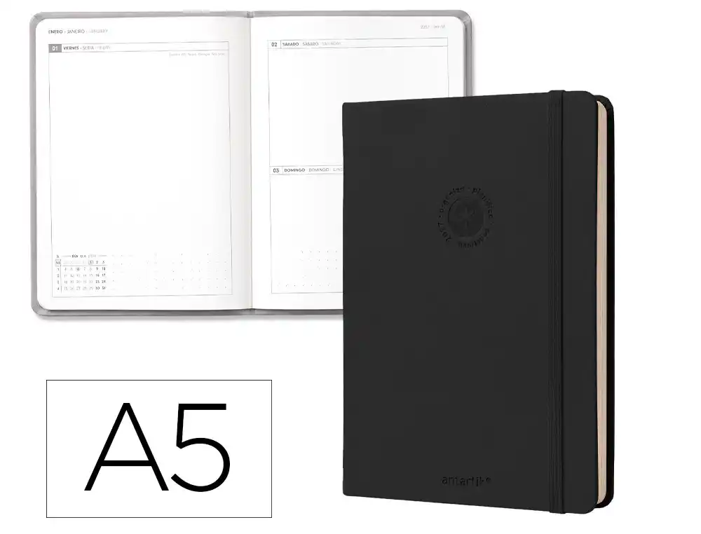 Agenda oficina antartik 2027 encuadernada dia pagina a5 bilingue a5 70g papel fsc negro