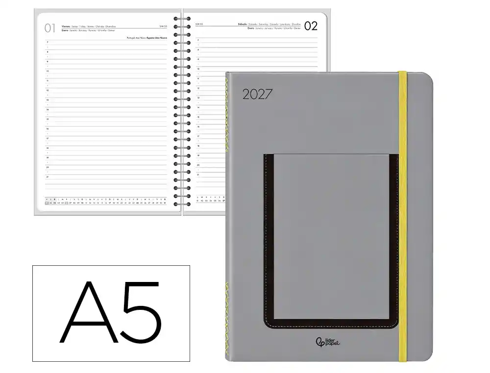Agenda oficina liderpapel 2027 encuadernada rodas dia pagina a5 bilingue 70g papel fsc gris