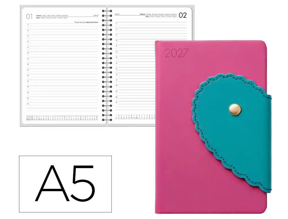 Agenda oficina liderpapel 2027 encuadernada milos dia pagina a5 bilingue 70g papel fsc rosa