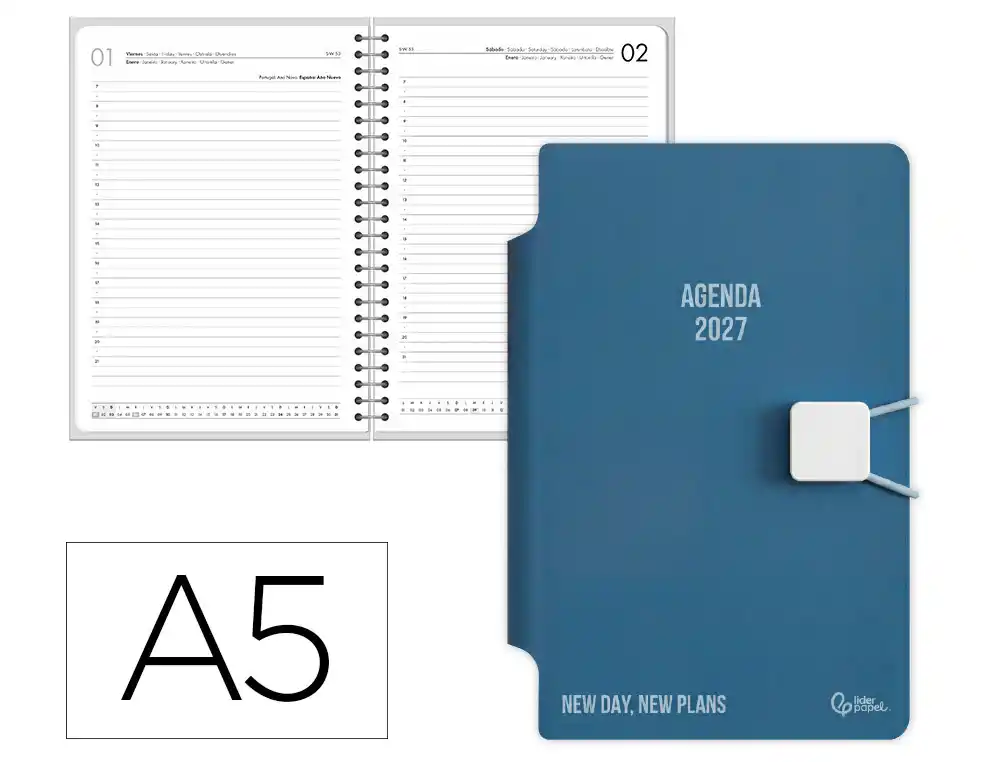 Agenda oficina liderpapel 2027 encuadernada tilos dia pagina a5 bilingue 70g papel fsc celeste