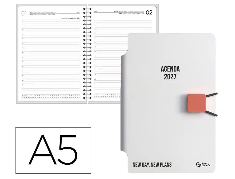 Agenda oficina liderpapel 2027 encuadernada tilos dia pagina a5 bilingue 70g papel fsc blanco