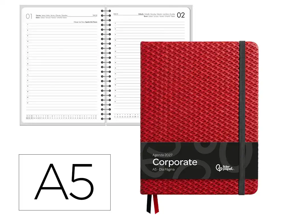 Agenda oficina liderpapel 2027 encuadernada corporate dia pagina a5 bilingue 70g papel fsc rojo