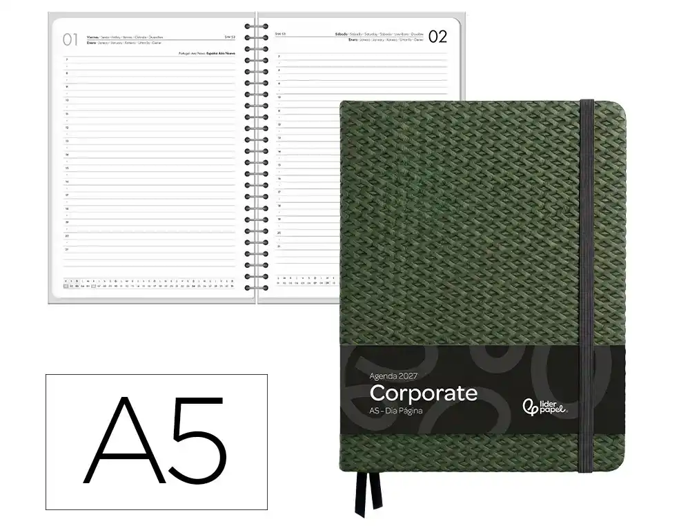 Agenda oficina liderpapel 2027 encuadernada corporate dia pagina a5 bilingue 70g papel fsc verde