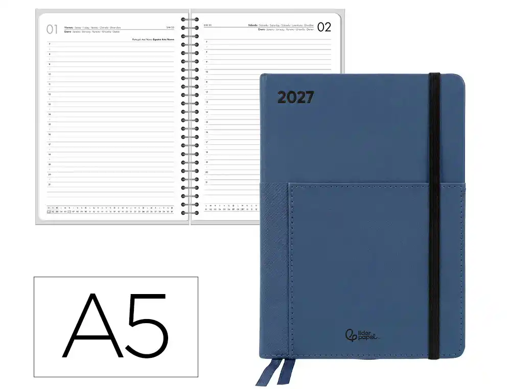 Agenda oficina liderpapel 2027 encuadernada naxos dia pagina a5 bilingue 70g papel fsc azul marino