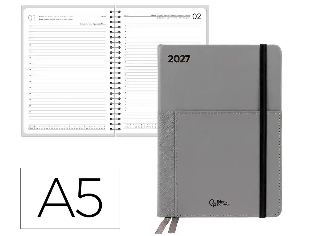 Agenda oficina liderpapel 2027 encuadernada naxos dia pagina a5 bilingue 70g fsc gris