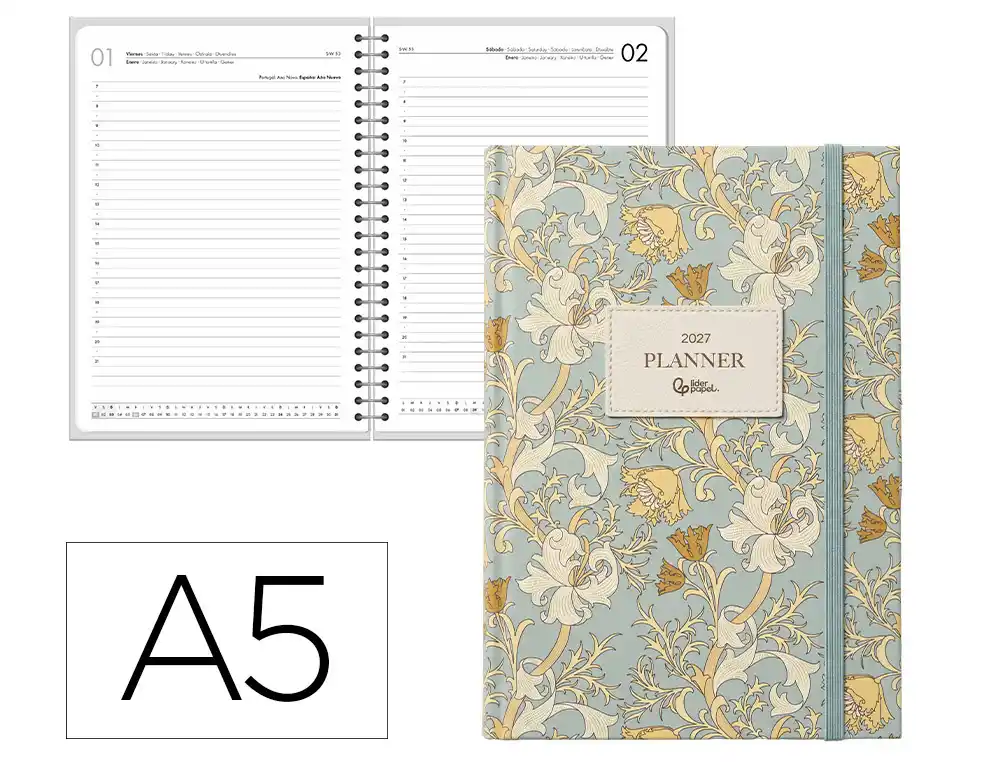 Agenda oficina liderpapel 2027 encuadernada kea dia pagina a5 bilingue 70g papel fsc celeste