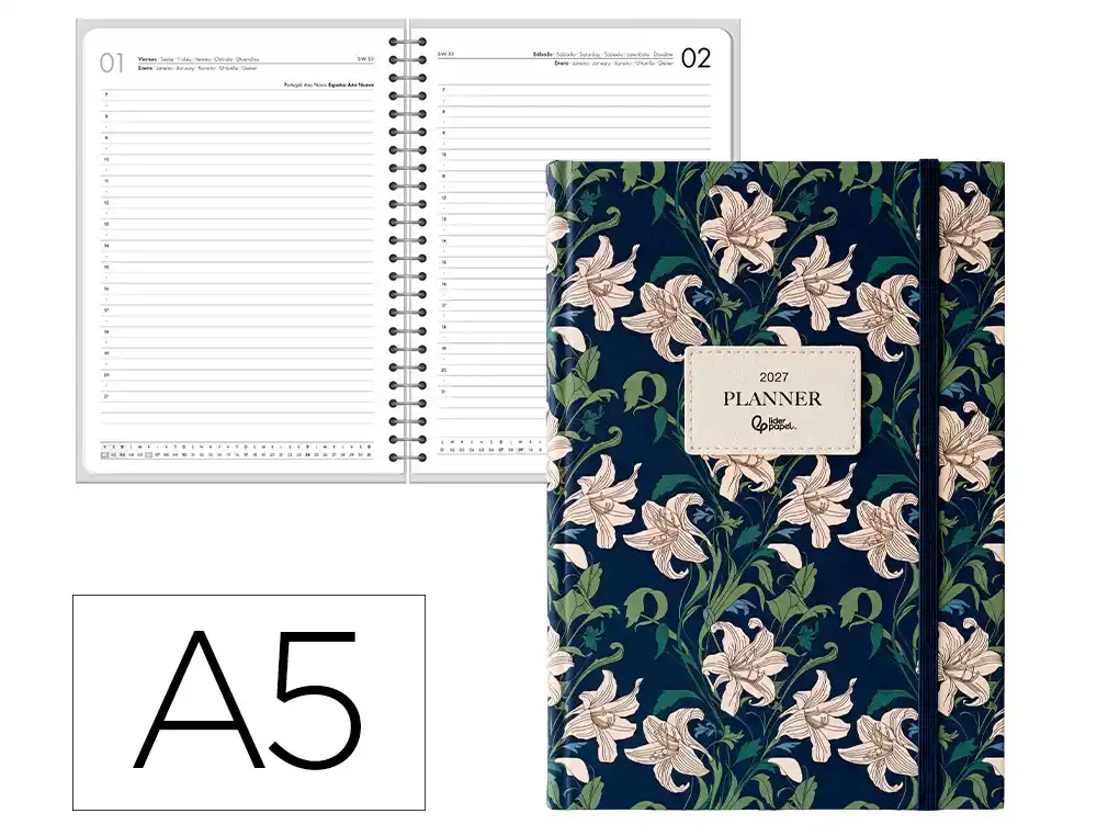 Agenda oficina liderpapel 2027 encuadernada kea dia pagina a5 bilingue 70g papel fsc azul marino