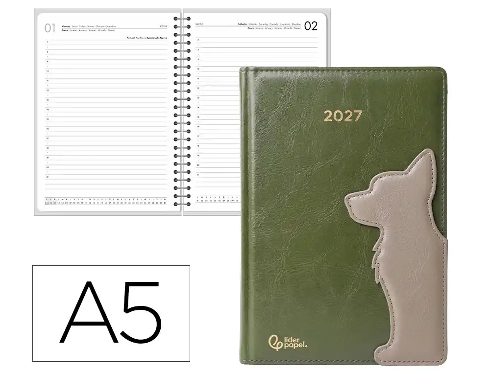 Agenda oficina liderpapel 2027 encuadernada itaca dia pagina a5 bilingue 70g papel fsc perro
