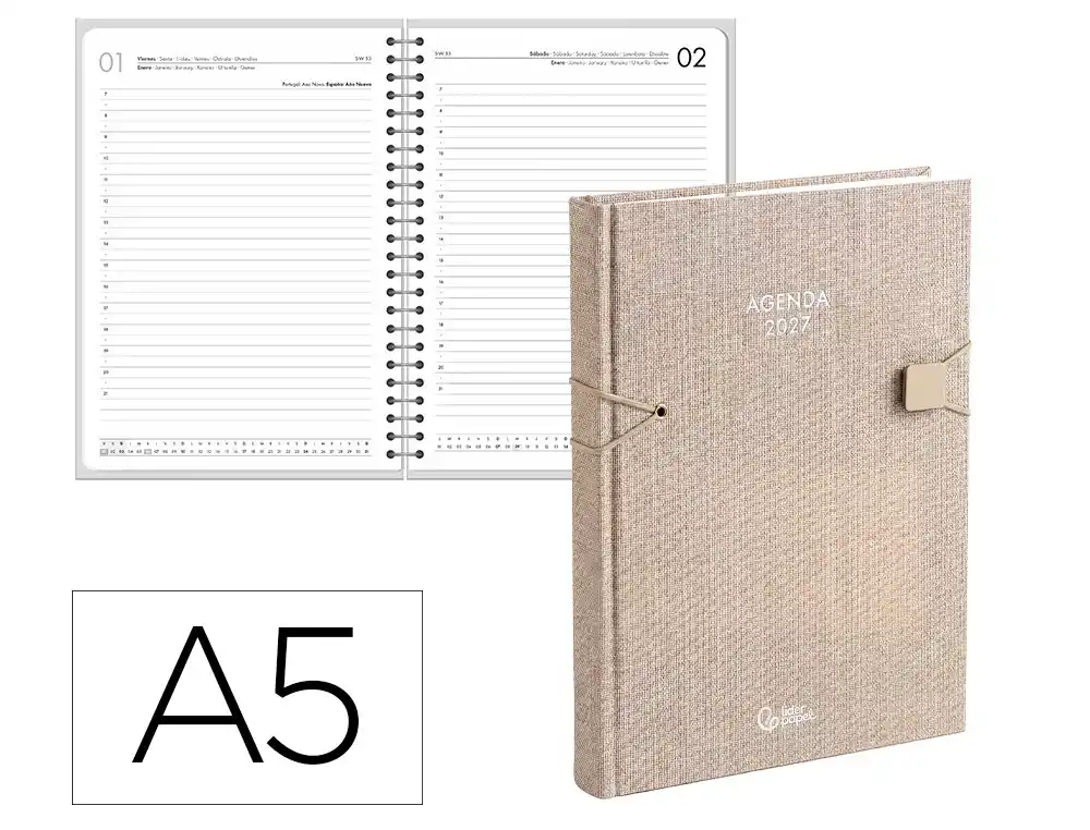 Agenda oficina liderpapel 2027 encuadernada lesbos dia pagina a5 bilingue 70g papel fsc gris