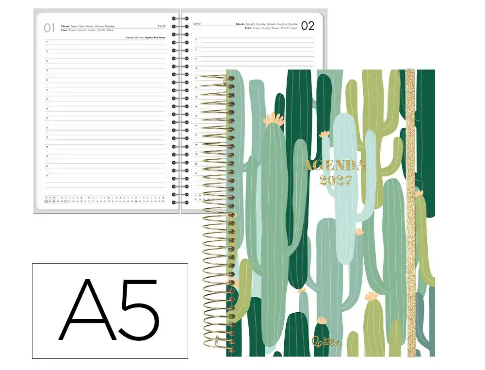 Agenda oficina liderpapel 2027 espiral fantasy dia pagina a5 bilingue 70g papel fsc cactus