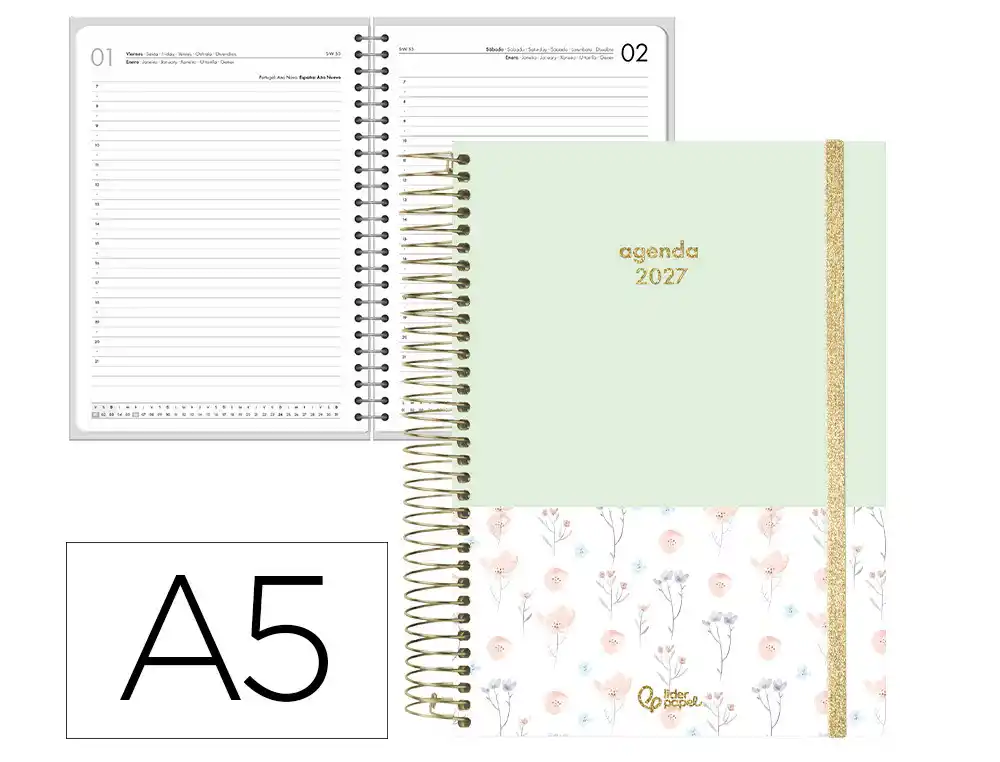 Agenda oficina liderpapel 2027 espiral fantasy dia pagina a5 bilingue 70g papel fsc menta