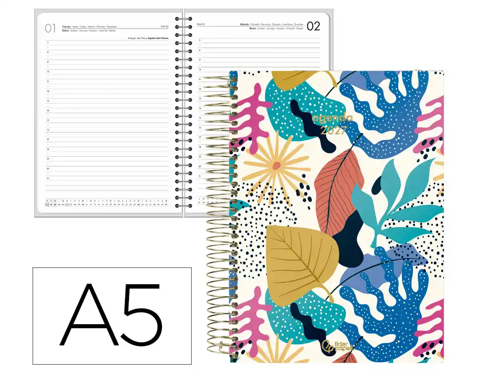 Agenda oficina liderpapel 2027 espiral fantasy dia pagina a5 bilingue 70g papel fsc matisse