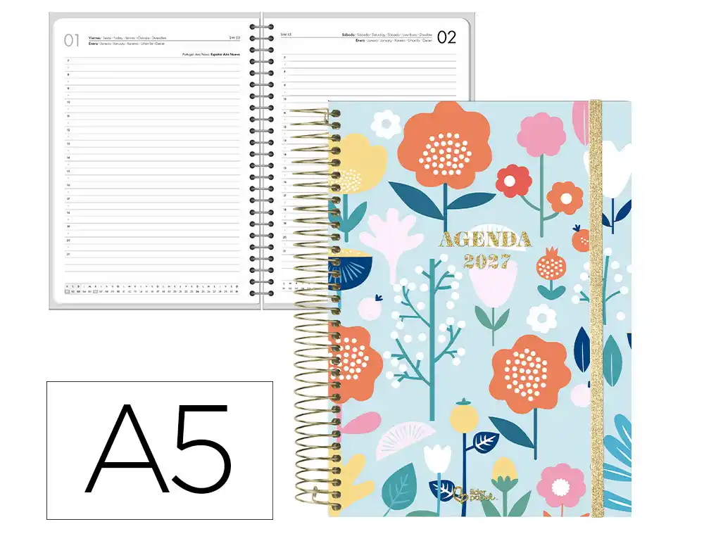 Agenda oficina liderpapel 2027 espiral fantasy dia pagina a5 bilingue 70g papel fsc bold flowers