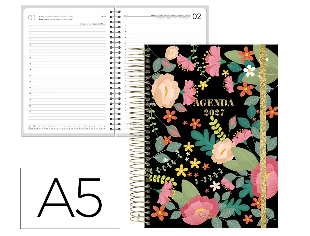 Agenda oficina liderpapel 2027 espiral fantasy dia pagina a5 bilingue 70g papel fsc negro