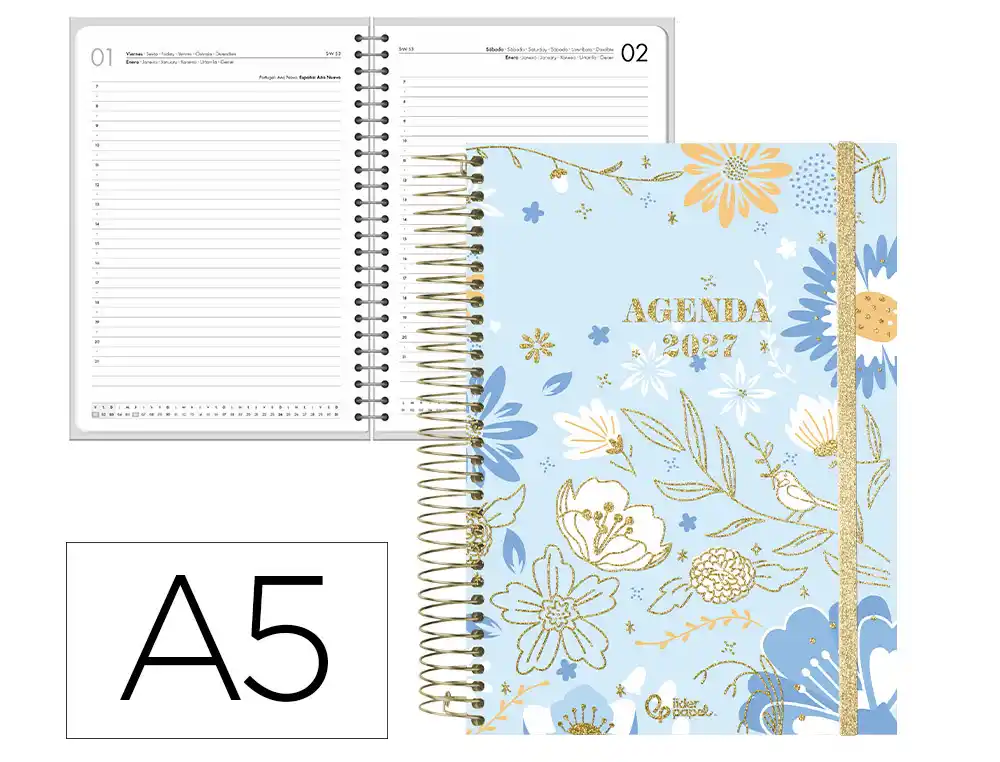 [175671] Agenda oficina liderpapel 2027 espiral fantasy dia pagina a5 bilingue 70g papel fsc celeste