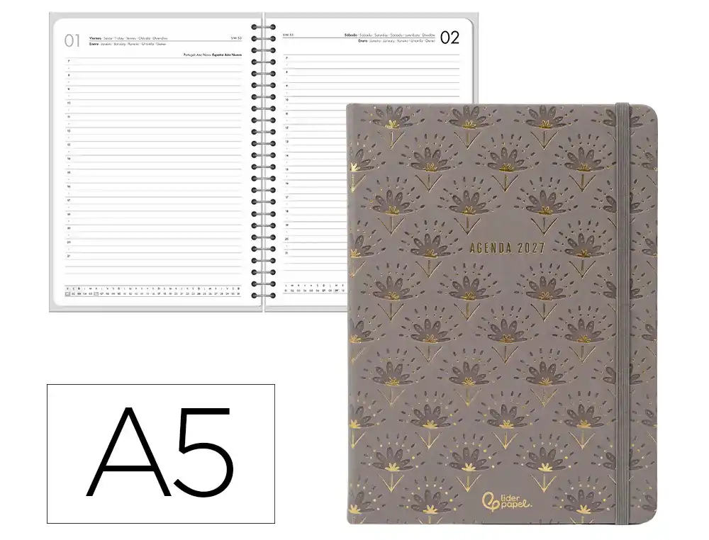 [175670] Agenda oficina liderpapel 2027 encuadernada boho dia pagina a5 bilingue 70g papel fsc gris