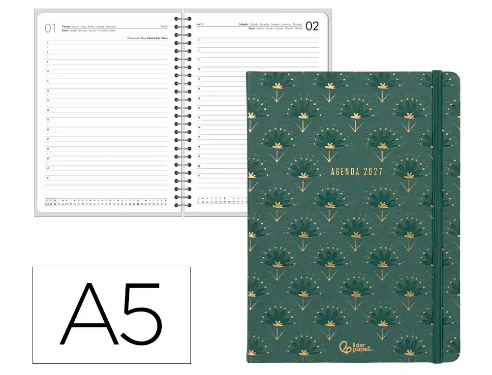 Agenda oficina liderpapel 2027 encuadernada boho dia pagina a5 bilingue 70g papel fsc verde