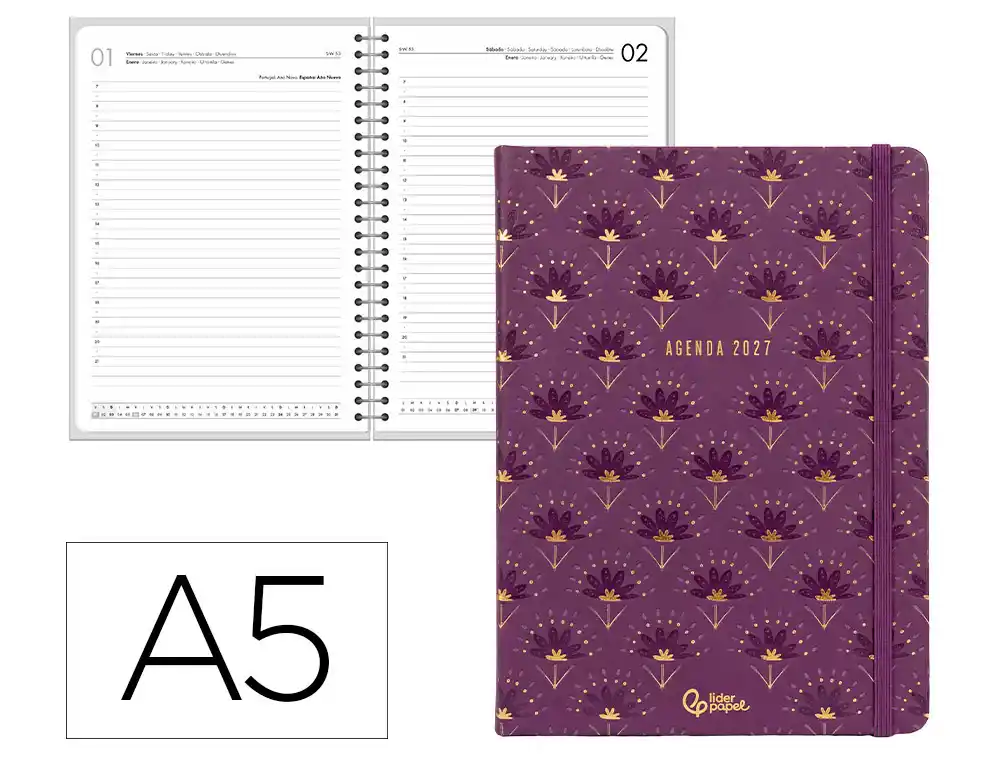 Agenda oficina liderpapel 2027 encuadernada boho dia pagina a5 bilingue 70g papel fsc purpura