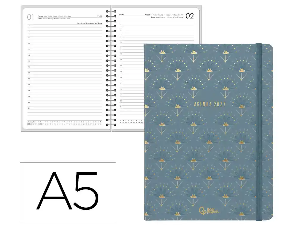 Agenda oficina liderpapel 2027 encuadernada boho dia pagina a5 bilingue 70g papel fsc azul