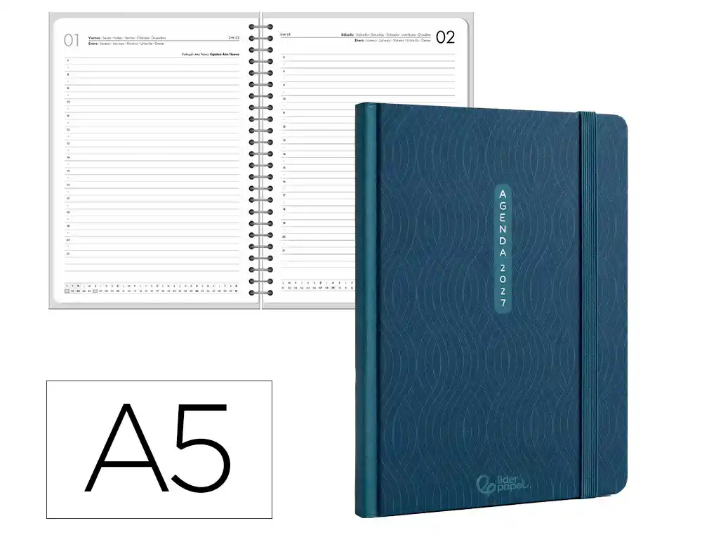 Agenda oficina liderpapel 2027 encuadernada paros dia pagina a5 bilingue 70g papel fsc azul