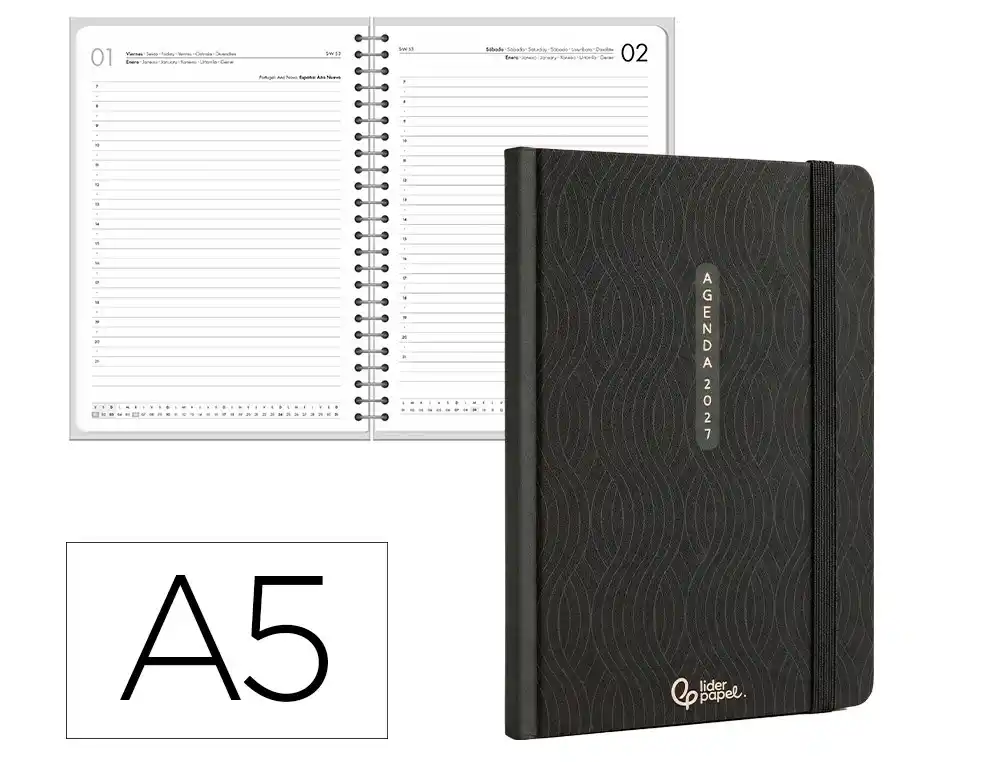 Agenda oficina liderpapel 2027 encuadernada paros dia pagina a5 bilingue 70g papel fsc negro
