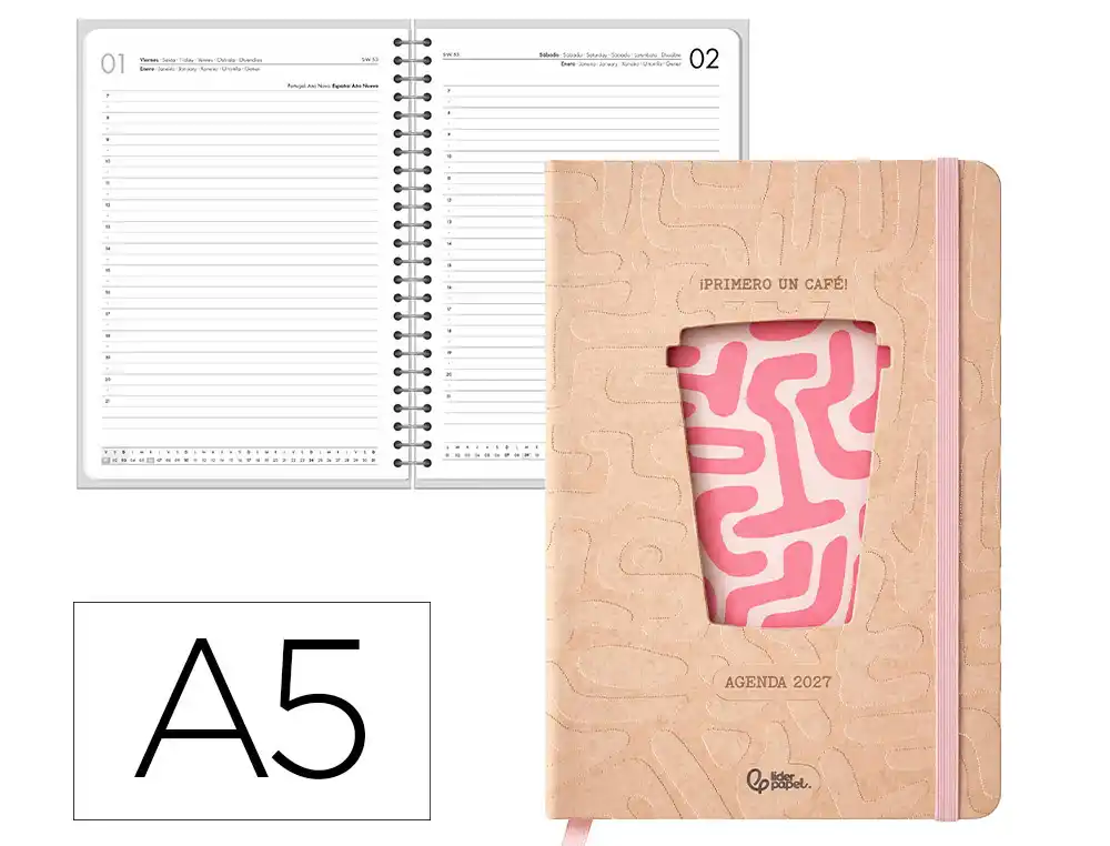 Agenda oficina liderpapel 2027 encuadernada coffe dia pagina a5 bilingue 70g papel fsc rosa