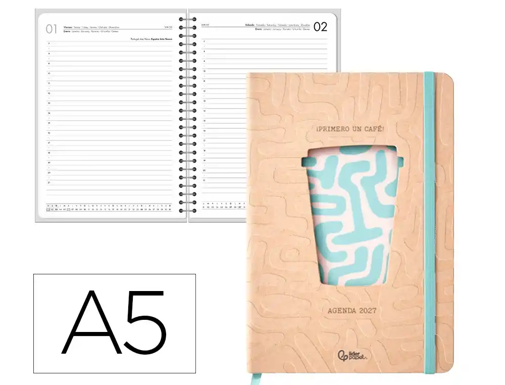 Agenda oficina liderpapel 2027 encuadernada coffe dia pagina a5 bilingue 70g papel fsc celeste