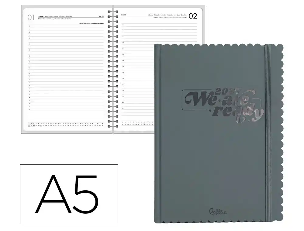 Agenda oficina liderpapel 2027 encuadernada cloudy dia pagina a5 bilingue 70g papel fsc gris oscuro