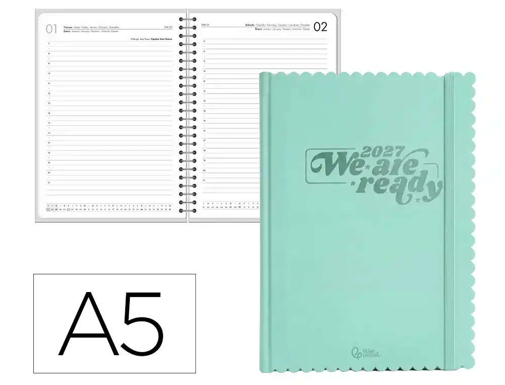 Agenda oficina liderpapel 2027 encuadernada cloudy dia pagina a5 bilingue 70g papel fsc menta