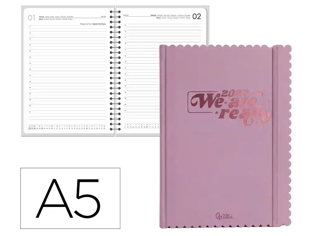 Agenda oficina liderpapel 2027 encuadernada cloudy dia pagina a5 bilingue 70g papel fsc malva