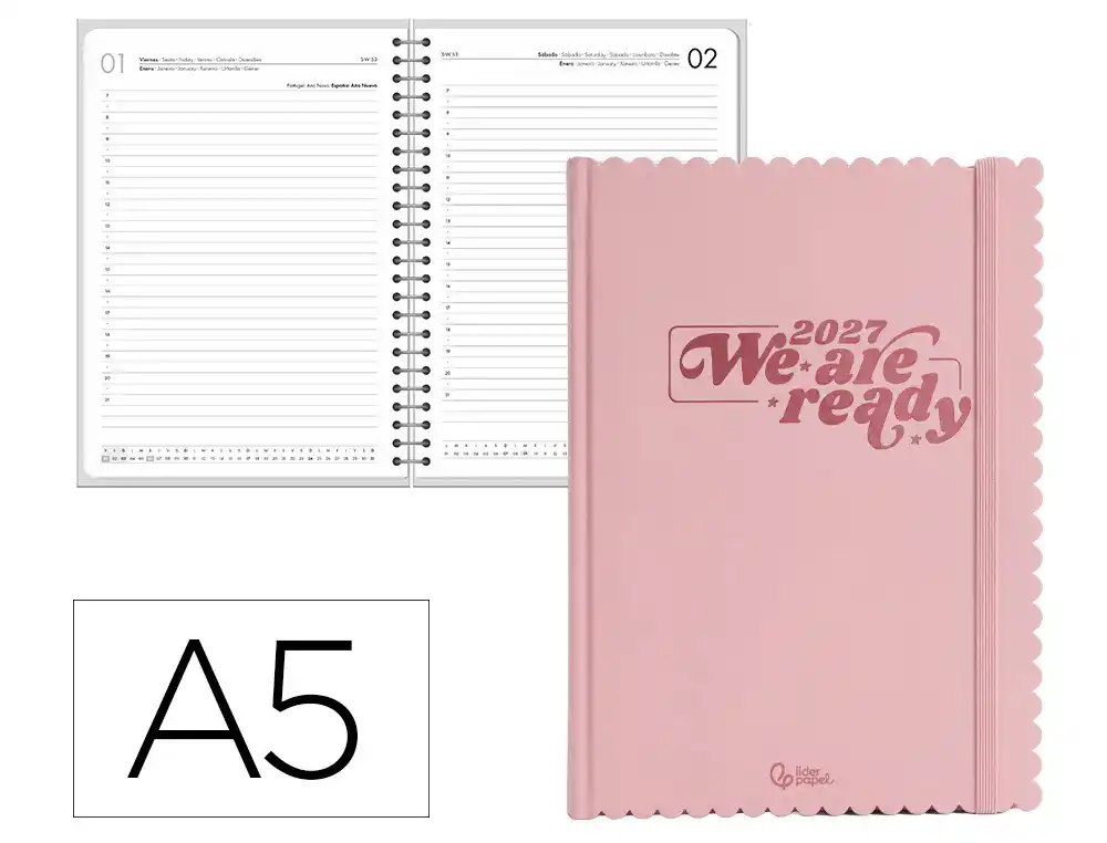 Agenda oficina liderpapel 2027 encuadernada cloudy dia pagina a5 bilingue 70g papel fsc rosa claro