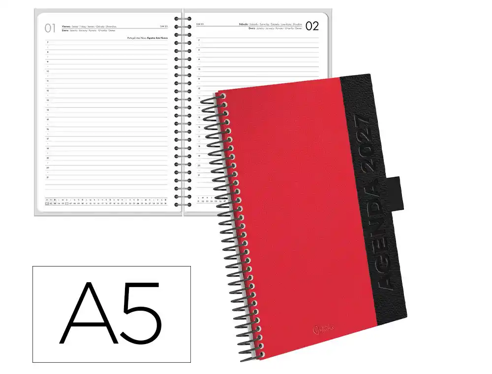 Agenda oficina liderpapel 2027 espiral symi dia pagina a5 bilingue 70g papel fsc burdeos