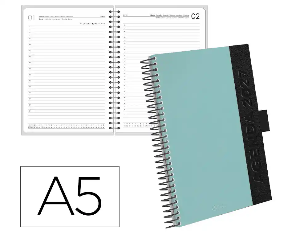 Agenda oficina liderpapel 2027 espiral symi dia pagina a5 bilingue 70g papel fsc turquesa