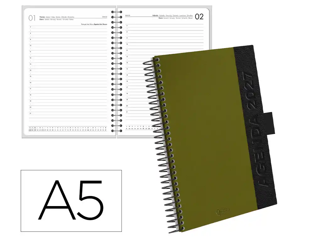 Agenda oficina liderpapel 2027 espiral symi dia pagina a5 bilingue 70g papel fsc verde