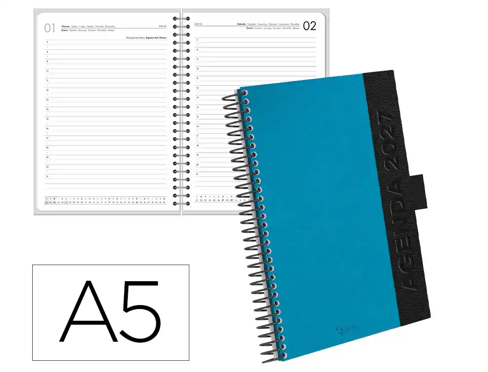 Agenda oficina liderpapel 2027 espiral symi dia pagina a5 bilingue 70g papel fsc azul marino