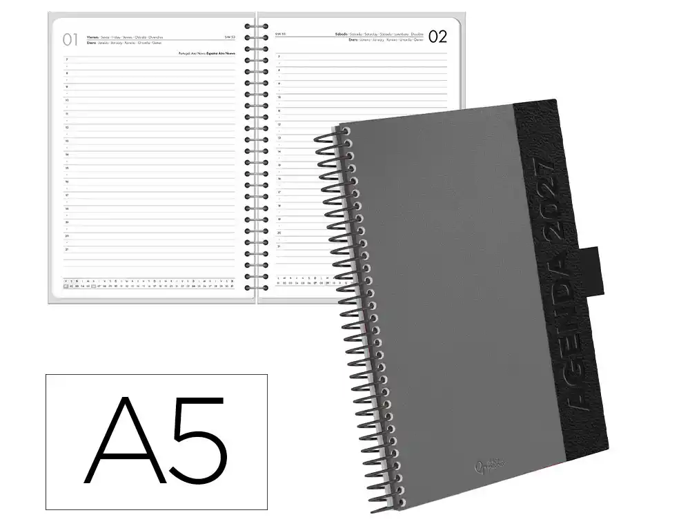 Agenda oficina liderpapel 2027 espiral symi dia pagina a5 bilingue 70g papel fsc gris