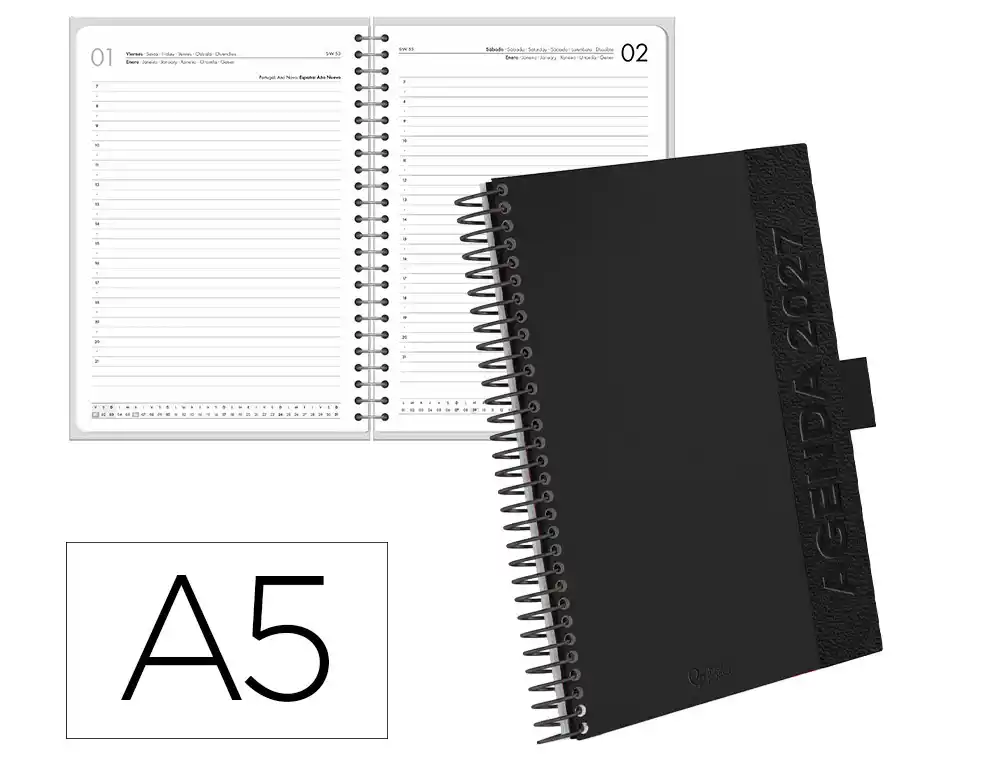 Agenda oficina liderpapel 2027 espiral symi dia pagina a5 bilingue 70g papel fsc negro