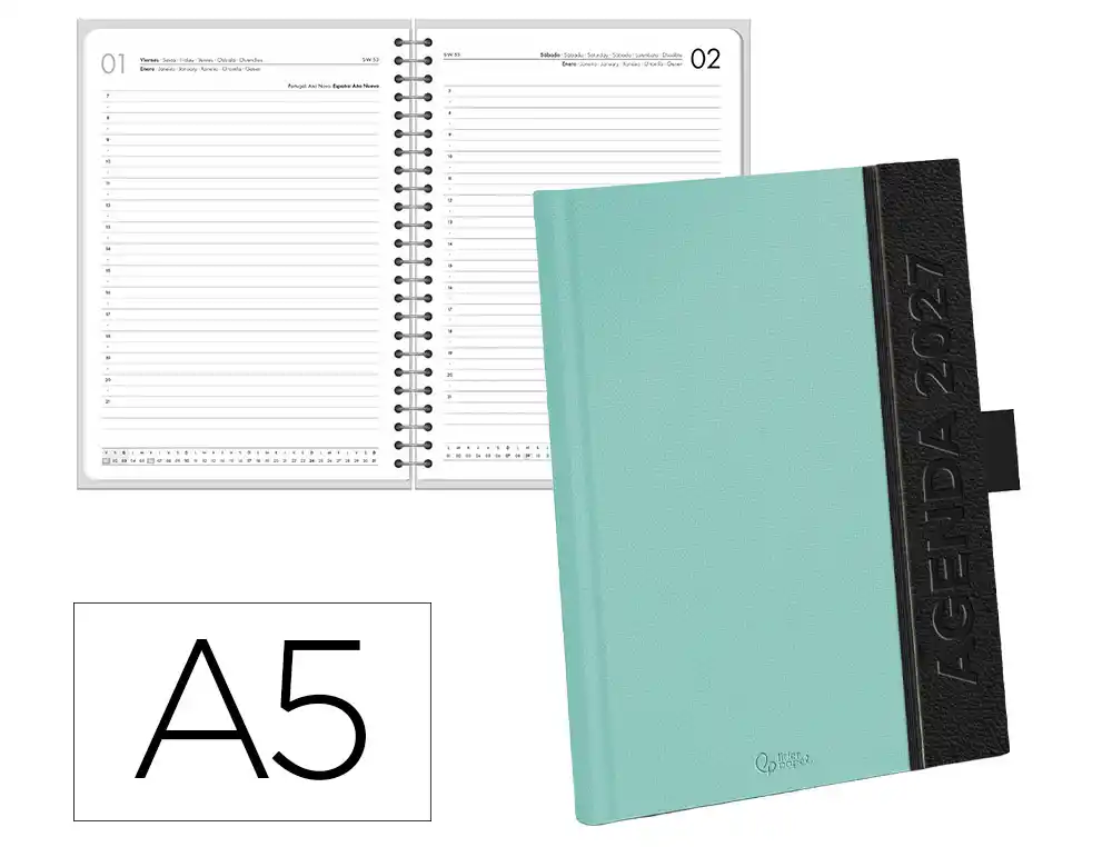 Agenda oficina liderpapel 2027 encuadernada symi dia pagina a5 bilingue 70g papel fsc turquesa