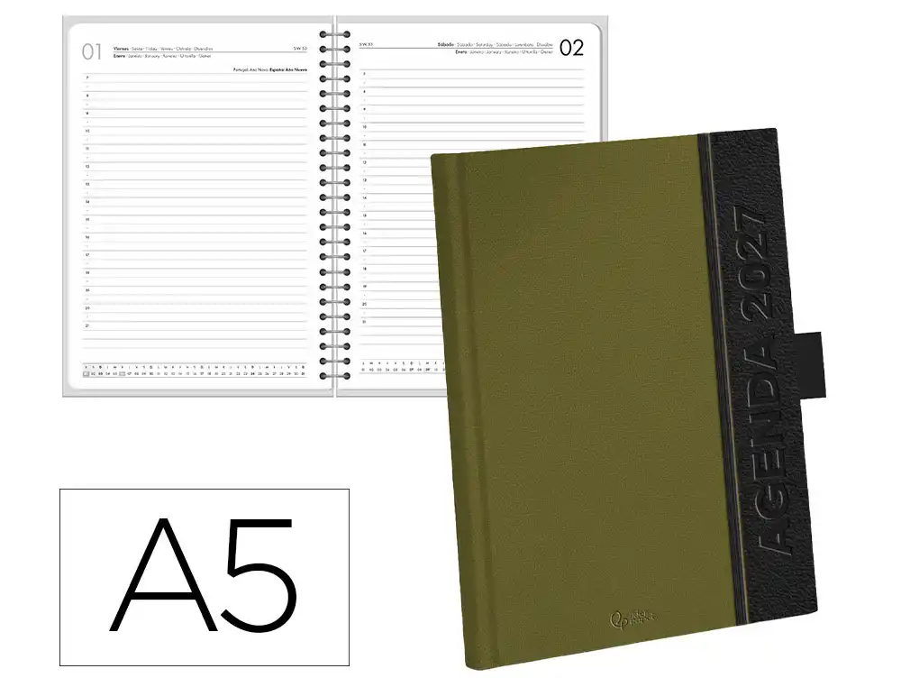 Agenda oficina liderpapel 2027 encuadernada symi dia pagina a5 bilingue 70g papel fsc verde