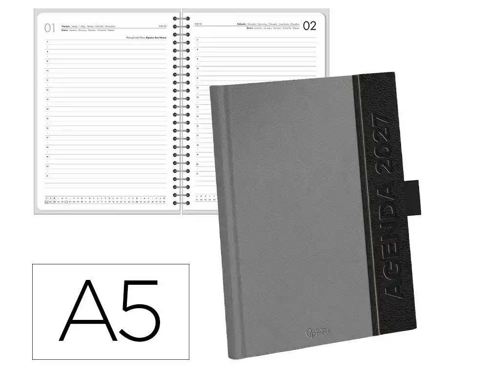 Agenda oficina liderpapel 2027 encuadernada symi dia pagina a5 bilingue 70g papel fsc gris