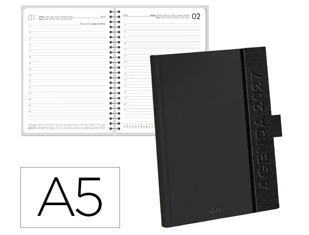 Agenda oficina liderpapel 2027 encuadernada symi dia pagina a5 bilingue 70g papel fsc negro