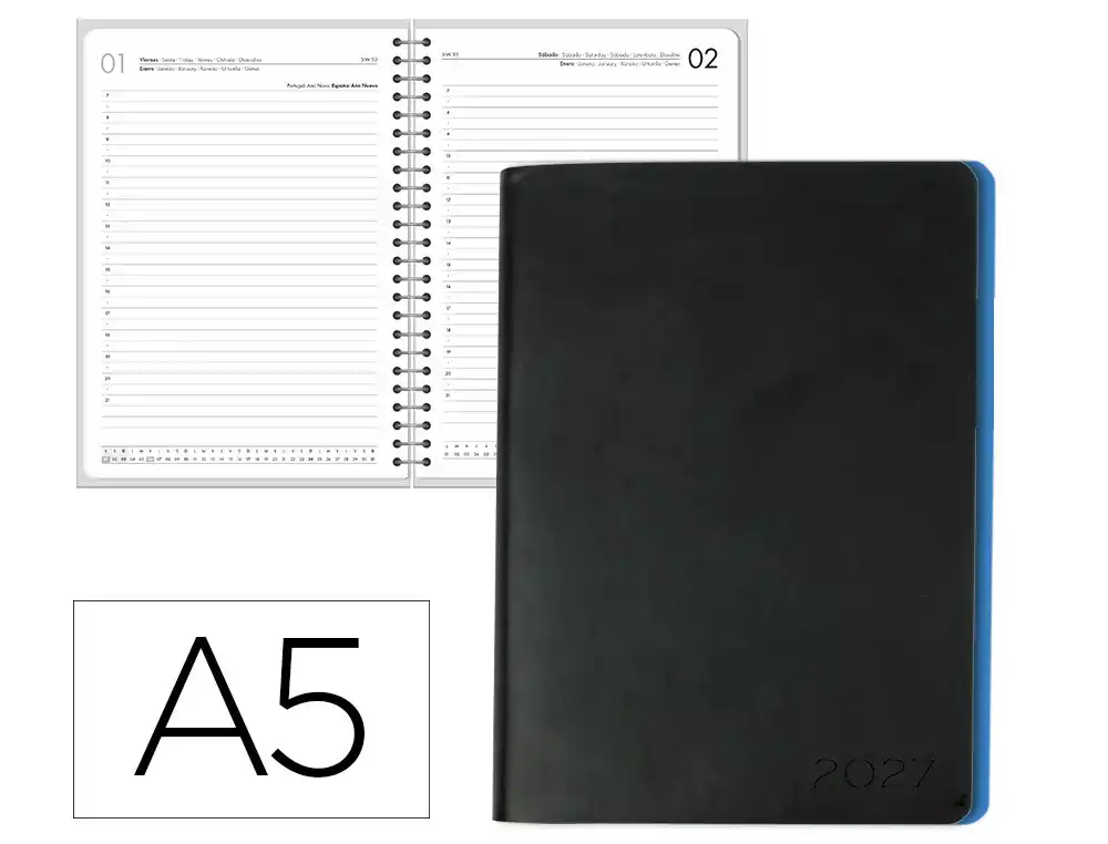 Agenda oficina liderpapel 2027 encuadernada sifnos dia pagina a5 bilingue 70g papel fsc azul