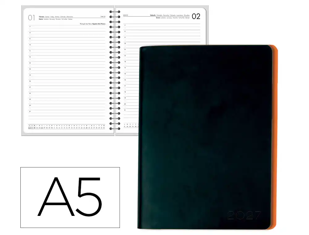 Agenda oficina liderpapel 2027 encuadernada sifnos dia pagina a5 bilingue 70g papel fsc naranja