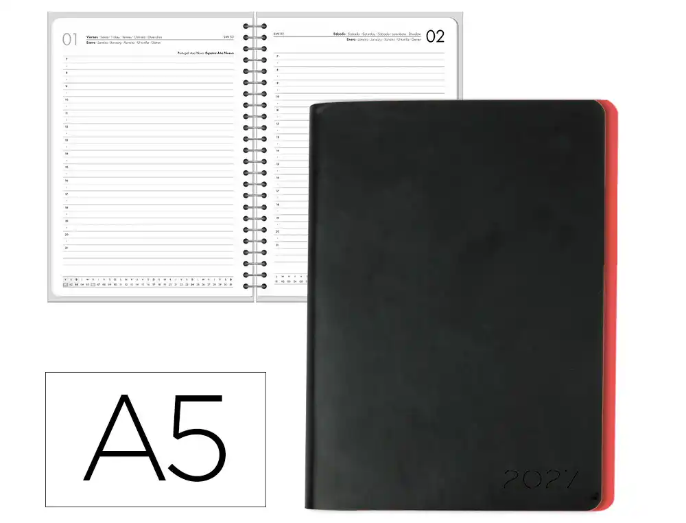 Agenda oficina liderpapel 2027 encuadernada sifnos dia pagina a5 bilingue 70g papel fsc rojo