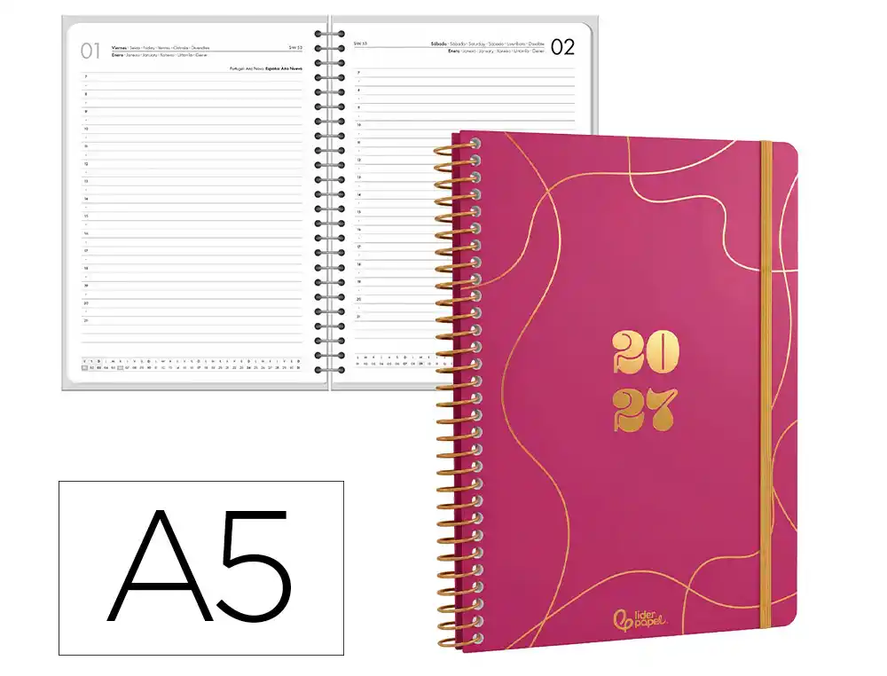 Agenda oficina liderpapel 2027 espiral perissa dia pagina a5 bilingue 80g papel fsc rosa