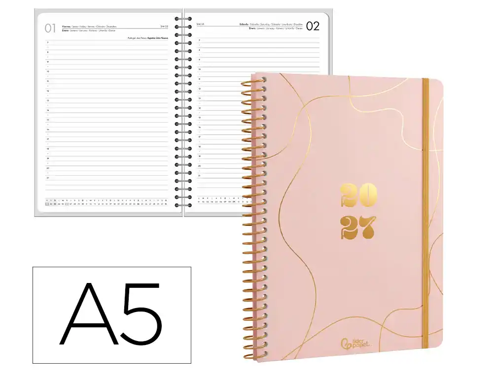 Agenda oficina liderpapel 2027 espiral perissa dia pagina a5 bilingue 80g papel fsc rosa claro