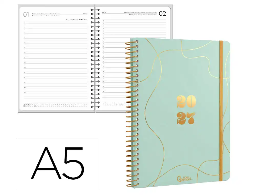 Agenda oficina liderpapel 2027 espiral perissa dia pagina a5 bilingue 80g papel fsc menta